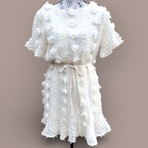 &merci White Textured Chiffon Dress M Belted Midi Cottagecore Romantic Coquette
